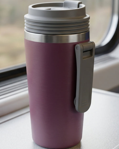 Gndtw Folding-Handle Vacuum Travel Cup 18 oz Plum Stone - Lifestyle view